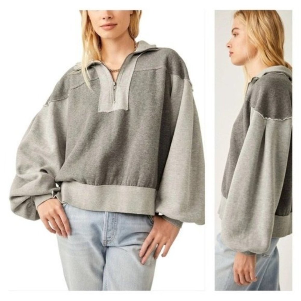 Free People Two-Tone Gray Half-Zip Hoodie